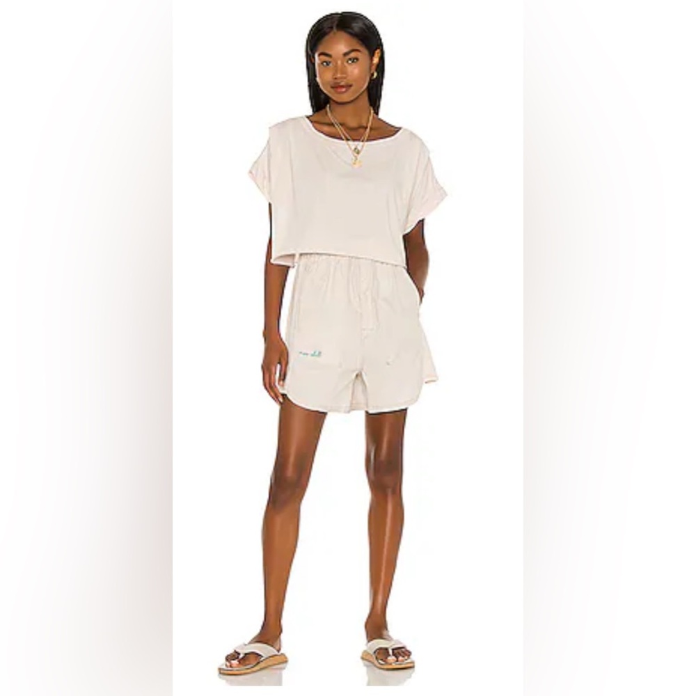 Free People Cream Boxy Short Sleeve Top and Drawstring Shorts Set